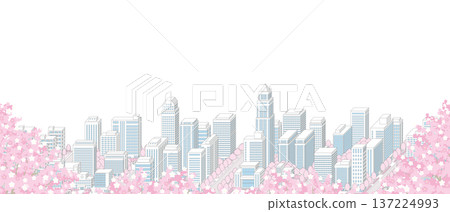 一幅描繪春日城市景觀的插圖，櫻花盛開。 137224993