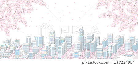 一幅描繪春日城市景觀的插圖，櫻花盛開。 137224994