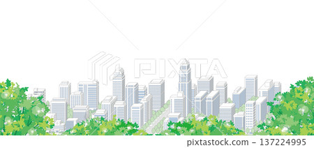 一幅綠意盎然、令人心曠神怡的城市景觀插圖。 137224995