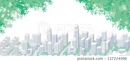 一幅綠意盎然、令人心曠神怡的城市景觀插圖。 137224996