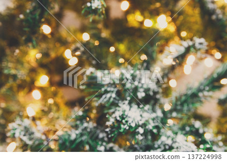 Christmas tree holiday background. Xmas magic and beauty. Fluffy pine tree branches sprinkled with snow and decorated with shiny garland, closeup, copy spase Christmas tree holiday background. Xmas magic and beauty. Fluffy pine tree branches sprinkled with snow and decorated with shiny garland, closeup, copy spase 137224998