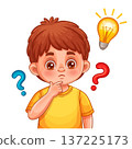 Child boy thinking, confused thoughtful kid ask question. Cute curious pensive young school student person, light bulb. Creative idea, imagination, education knowledge. Solving answer problem. Vector 137225173