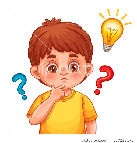 Child boy thinking, confused thoughtful kid ask question. Cute curious pensive young school student person, light bulb. Creative idea, imagination, education knowledge. Solving answer problem. Vector 137225173