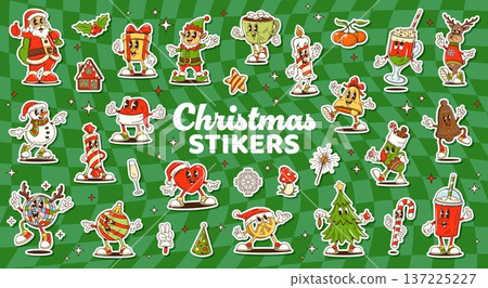 Groovy Christmas characters stickers of Santa, elf and snowman. Cartoon groovy Xmas tree, reindeer, heart and star, gingerbread cookie, hot drink, Christmas lights and gifts retro y2k stickers set 137225227