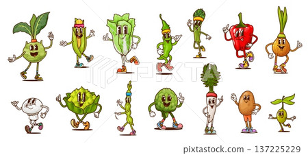 Groovy vegetable characters on fitness sport, vector retro food. Cartoon vintage groovy broccoli, pepper and corn with cute smiles, hippie bean, funny olive and potato vegetables doing sport exercises 137225229