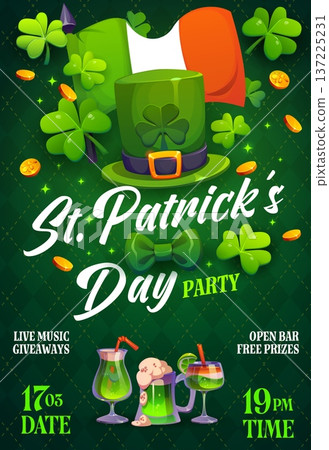 Happy St Patrick holiday party flyer with shamrocks, leprechaun hat, Irish flag, gold coins, and festive drinks. Vector invitation promoting themed celebrations and joyful Irish events with live music Happy St Patrick holiday party flyer with shamrocks, leprechaun hat, Irish flag, gold coins, and festive drinks. Vector invitation promoting themed celebrations and joyful Irish events with live music 137225231