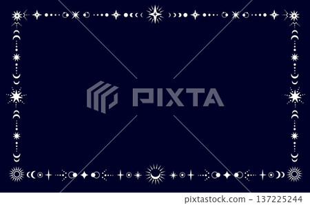Mystic esoteric celestial frame with sun, moon and stars in golden border, vector background. Mystic frame with celestial planets for Tarot cards, esoteric astrology and occult witchcraft magic 137225244