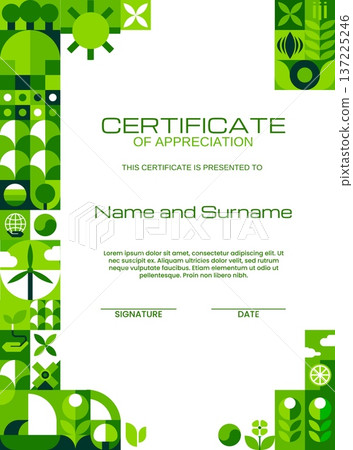 Vertical environment ecology certificate with geometric pattern and green geometric shapes. Environmental diploma template. Vector modern appreciation layout frame with a abstract natural elements 137225246