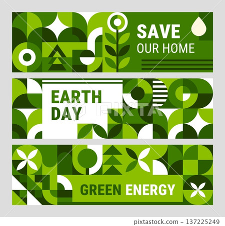 Ecology environment green banners with nature geometric pattern and shapes. Earth day and save our home cards with modern mosaic ornament. Vector cover or layout templates for April 22 celebration Ecology environment green banners with nature geometric pattern and shapes. Earth day and save our home cards with modern mosaic ornament. Vector cover or layout templates for April 22 celebration 137225249