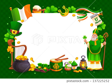 Happy St Patrick day holiday frame banner. Cartoon vector festive border with Irish symbols as leprechaun hat, pot of gold, shamrock and Ireland flag. Clover, green beer and calendar marked 17 march 137225252