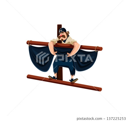 Brave pirate corsair cartoon character in black bandana climbs the mast to adjust the black sail of pirate ship. Active vector skipper personage with mustache, shirt, and pants for nautical games 137225253