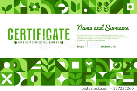 Eco friendly certificate template with green geometric abstract nature symbols, leaves and sustainability shapes border. Vector layout of environmental safety, eco and sustainability award certificate Eco friendly certificate template with green geometric abstract nature symbols, leaves and sustainability shapes border. Vector layout of environmental safety, eco and sustainability award certificate 137225260
