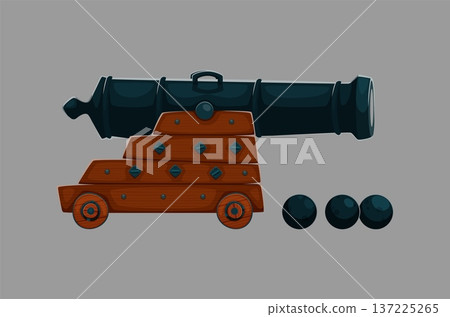Cartoon pirate cannon on a wooden base with cannonballs. Vector artillery piece with vintage details and wooden wheels for children's games, pirate story illustrations, or pirate party decorations Cartoon pirate cannon on a wooden base with cannonballs. Vector artillery piece with vintage details and wooden wheels for children's games, pirate story illustrations, or pirate party decorations 137225265