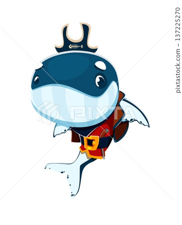 Cartoon smiling whale animal pirate crew character wears large black corsair tricorn hat, red pirate coat and golden belt with buckle. Vector underwater blue sperm aquatic rover and corsair personage Cartoon smiling whale animal pirate crew character wears large black corsair tricorn hat, red pirate coat and golden belt with buckle. Vector underwater blue sperm aquatic rover and corsair personage 137225270