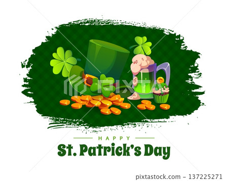 Happy St Patrick s day grunge greeting card. Irish folk celebration, Saint Patrick day vector banner. Ireland holiday flyer card with leprechaun green hat, beer, golden coins and shamrock clover Happy St Patrick s day grunge greeting card. Irish folk celebration, Saint Patrick day vector banner. Ireland holiday flyer card with leprechaun green hat, beer, golden coins and shamrock clover 137225271