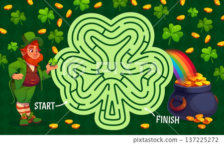 Labyrinth maze game with Irish leprechaun and pot of golden coins. Search path vector quiz, find way kids riddle worksheet. Saint Patrick Labyrinth maze game with rainbow, shamrock clover leaves 137225272