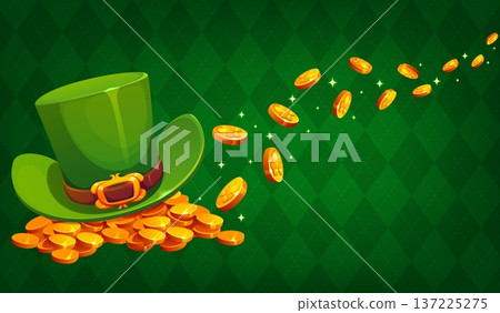 Happy St Patrick Day poster with cartoon irish holiday leprechaun green hat and lucky gold coins. St Patrick Day vector greeting card of leprechaun treasure gold money with shamrock clover symbols 137225275