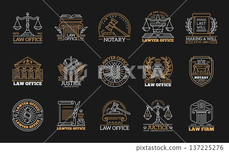 Law office icons, lawyer firm, justice and notary symbols set. Vector line court building, judge gavel and pillar, balance scale, law book and vintage quill pen signs in heraldic laurel wreath frames 137225276