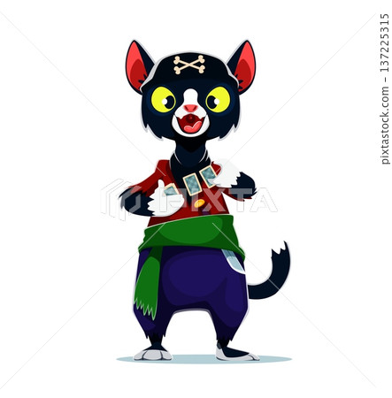 Cartoon black cat pirate vector character holds three playing cards in paws. Corsair wears a black headband with bones and red shirt, green sash, purple trousers. Pirate party personage Cartoon black cat pirate vector character holds three playing cards in paws. Corsair wears a black headband with bones and red shirt, green sash, purple trousers. Pirate party personage 137225315