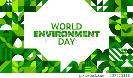 World environment day banner with bold green typography, surrounded by geometric eco friendly abstract patterns. Vector greeting card promoting ecology and sustainability with plant leaves shapes 137225316