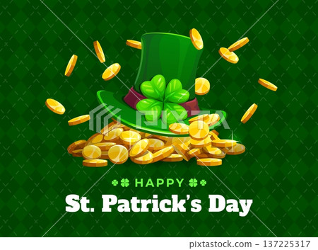 Happy St Patrick day banner with green leprechaun hat and falling golden coins. Festive greeting card with treasure on patterned emerald background, symbolizing luck, celebration, and Irish heritage 137225317