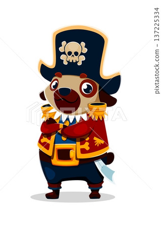 Cartoon pug dog animal pirate crew character wearing captain hat with skull emblem, red coat with gold trim, blue pants, and a belt with a sword, standing proudly with arms crossed and confident smile 137225334