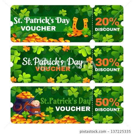 Happy St Patrick holiday discount sale coupons or vouchers with shamrocks, golden coins, horseshoe, pot of gold and mug with beer. Vector festive promotion ticket templates with discount percentages Happy St Patrick holiday discount sale coupons or vouchers with shamrocks, golden coins, horseshoe, pot of gold and mug with beer. Vector festive promotion ticket templates with discount percentages 137225335
