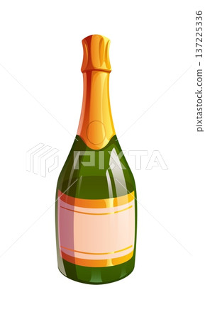 Cartoon sparkling wine bottle alcohol drink beverage. Dark green glass bottle with shiny golden foil on the neck, isolated on white. Vector champagne alcohol glass flask, drink for event celebration 137225336