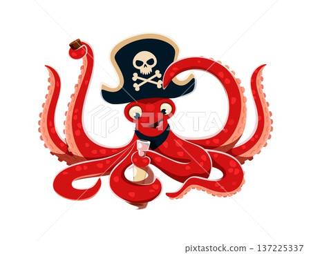Cartoon pirate octopus in captain's hat with skull patch, opening message bottle. Cute funny vector character with sea charm for kids prints, baby fashion graphics, or playful nautical designs Cartoon pirate octopus in captain's hat with skull patch, opening message bottle. Cute funny vector character with sea charm for kids prints, baby fashion graphics, or playful nautical designs 137225337