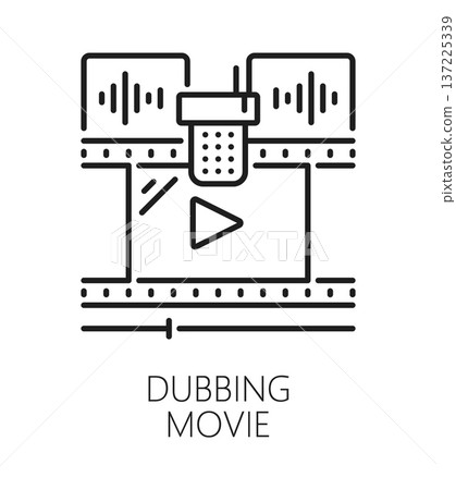 Movie dobbing sound record line icon or label. Audio recording studio outline icon, voice dubbing production vector pictogram. Sound and music mixing symbol with microphone and movie video tape 137225339