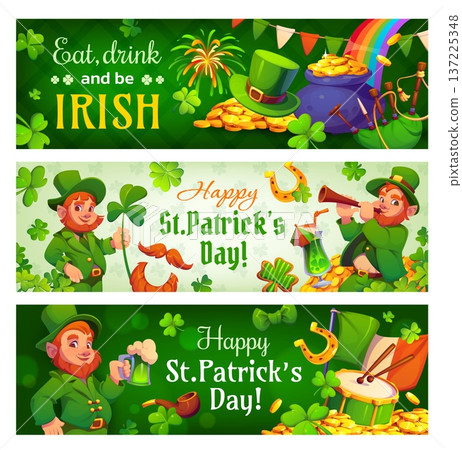 Happy St Patrick's day holiday celebration banners. Spring celebration vector posters, Irish Saint Patrick party banners with leprechauns cheerful characters, clover leaves and golden coins, ale drink Happy St Patrick's day holiday celebration banners. Spring celebration vector posters, Irish Saint Patrick party banners with leprechauns cheerful characters, clover leaves and golden coins, ale drink 137225348