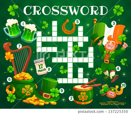 Crossword quiz game grid with St Patrick day characters, Irish symbols and cartoon cheerful leprechaun. Vector festive puzzle worksheet with beer mugs, harp, pot of gold, hat, horseshoe and clovers Crossword quiz game grid with St Patrick day characters, Irish symbols and cartoon cheerful leprechaun. Vector festive puzzle worksheet with beer mugs, harp, pot of gold, hat, horseshoe and clovers 137225350