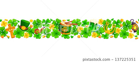 Shamrock clover leaves seamless border with Irish St Patrick's day holiday symbols. Festive cartoon vector green hat, beer mug, drum, lucky horseshoe, pipe, cross, lantern, gold coins horizontal frame Shamrock clover leaves seamless border with Irish St Patrick's day holiday symbols. Festive cartoon vector green hat, beer mug, drum, lucky horseshoe, pipe, cross, lantern, gold coins horizontal frame 137225351