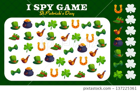 I spy game worksheet with St Patrick day holiday objects. Cartoon vector riddle activity page with leprechaun hat, shamrock clover, gold coin pot, pipe, shoe, horseshoe and bow tie for kids fun game I spy game worksheet with St Patrick day holiday objects. Cartoon vector riddle activity page with leprechaun hat, shamrock clover, gold coin pot, pipe, shoe, horseshoe and bow tie for kids fun game 137225361