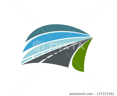Highway road icon, asphalt route way pathway vector symbol with dashed center lines, safety barriers, green field and blue sky. Map, navigation, direction and travel sign. Speedway going into distance Highway road icon, asphalt route way pathway vector symbol with dashed center lines, safety barriers, green field and blue sky. Map, navigation, direction and travel sign. Speedway going into distance 137225362