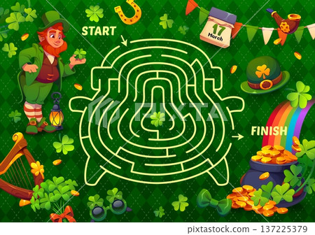 St Patrick day labyrinth maze game with cartoon leprechaun character, pot of gold, rainbow, clover, hat, harp, golden coins, glasses. Vector holiday puzzle with shamrock and path from start to finish St Patrick day labyrinth maze game with cartoon leprechaun character, pot of gold, rainbow, clover, hat, harp, golden coins, glasses. Vector holiday puzzle with shamrock and path from start to finish 137225379
