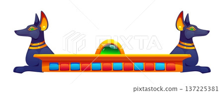Ancient ornament, Egyptian divider border with two black Anubis figures sitting back to back, golden horizontal base with red, blue and turquoise tiles, and green gemstone. Ancient culture decoration 137225381