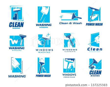 Window cleaning and washing service icons. Vector clean windows of house and office buildings, glass cleaner bottles, squeegees and sponges blue symbols. House cleaning and window washing icons set Window cleaning and washing service icons. Vector clean windows of house and office buildings, glass cleaner bottles, squeegees and sponges blue symbols. House cleaning and window washing icons set 137225383