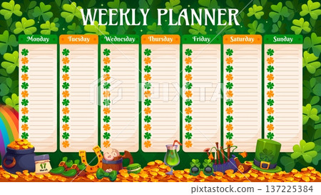 Weekly planner with St Patrick Day shamrock clovers, irish holiday green beer, leprechaun hat and gold pot on rainbow. St Patrick Day weekly planner, timetable and daily plan at clovers background 137225384