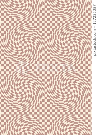 Vintage distorted brown checkered line groovy pattern or texture. Psychedelic groovy backdrop, distorted spiral funky pattern. Trippy hippie print 137225387