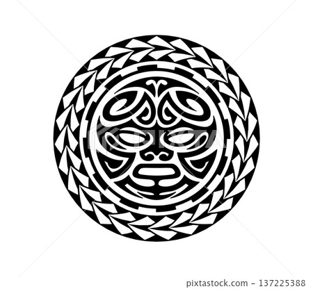 Maori sun face medallion tribal black tattoo or symbol. Samoan tribal abstract decoration, New Zealand warrior graphic print. Maori tribe black tattoo warrior folk print 137225388