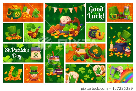 Happy St Patrick Day collage of greetings with irish holiday clovers, leprechaun gold pots and hats. Vector St Patrick Day calendar, Ireland pub green beer, lucky golden coins, rainbow and horseshoe 137225389