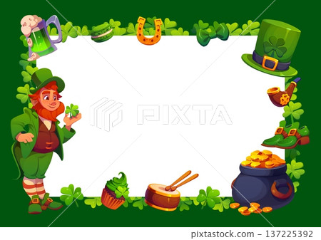 Happy St Patrick's day holiday greeting card frame. St Patrick day Irish party vector greeting card, March holiday invitation with leprechaun, green top hat, pot of golden coins and shamrock clovers Happy St Patrick's day holiday greeting card frame. St Patrick day Irish party vector greeting card, March holiday invitation with leprechaun, green top hat, pot of golden coins and shamrock clovers 137225392