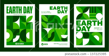 Earth day poster with abstract geometric pattern. Vector vertical environmental cards for April 22 celebration. Environment and ecology awareness with modern modular mosaic shapes in green and white Earth day poster with abstract geometric pattern. Vector vertical environmental cards for April 22 celebration. Environment and ecology awareness with modern modular mosaic shapes in green and white 137225395
