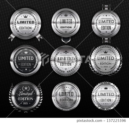Limited edition silver badges and labels, award seals, medal or marks with ribbons, laurel wreaths. Premium vector badges for special offers, VIP certificates, luxury branding, or limited releases 137225396