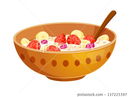 Cartoon oatmeal bowl with cereal flakes and milk, topped with strawberry, raspberry and banana slices. Vector isolated breakfast food with creamy porridge texture in ceramic dish with wooden spoon 137225397