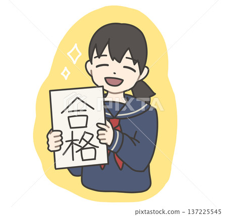 微笑的水手女孩拿著一張及格考卷 137225545