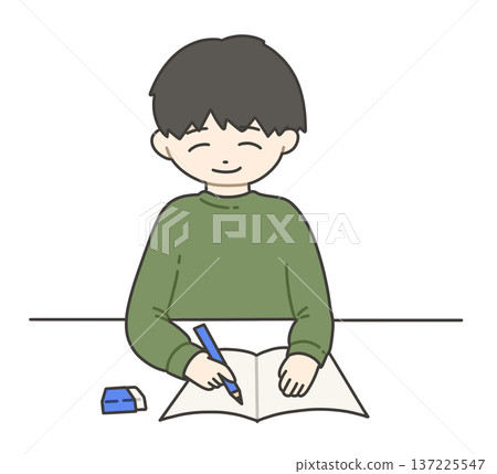 A boy in green clothes studying with a smile A boy in green clothes studying with a smile 137225547