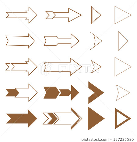 Collection of brown and outline arrow shapes, representing direction, progress, and navigation 137225580