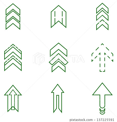 Set of nine green outline arrow icons pointing upwards, representing progress and direction 137225591